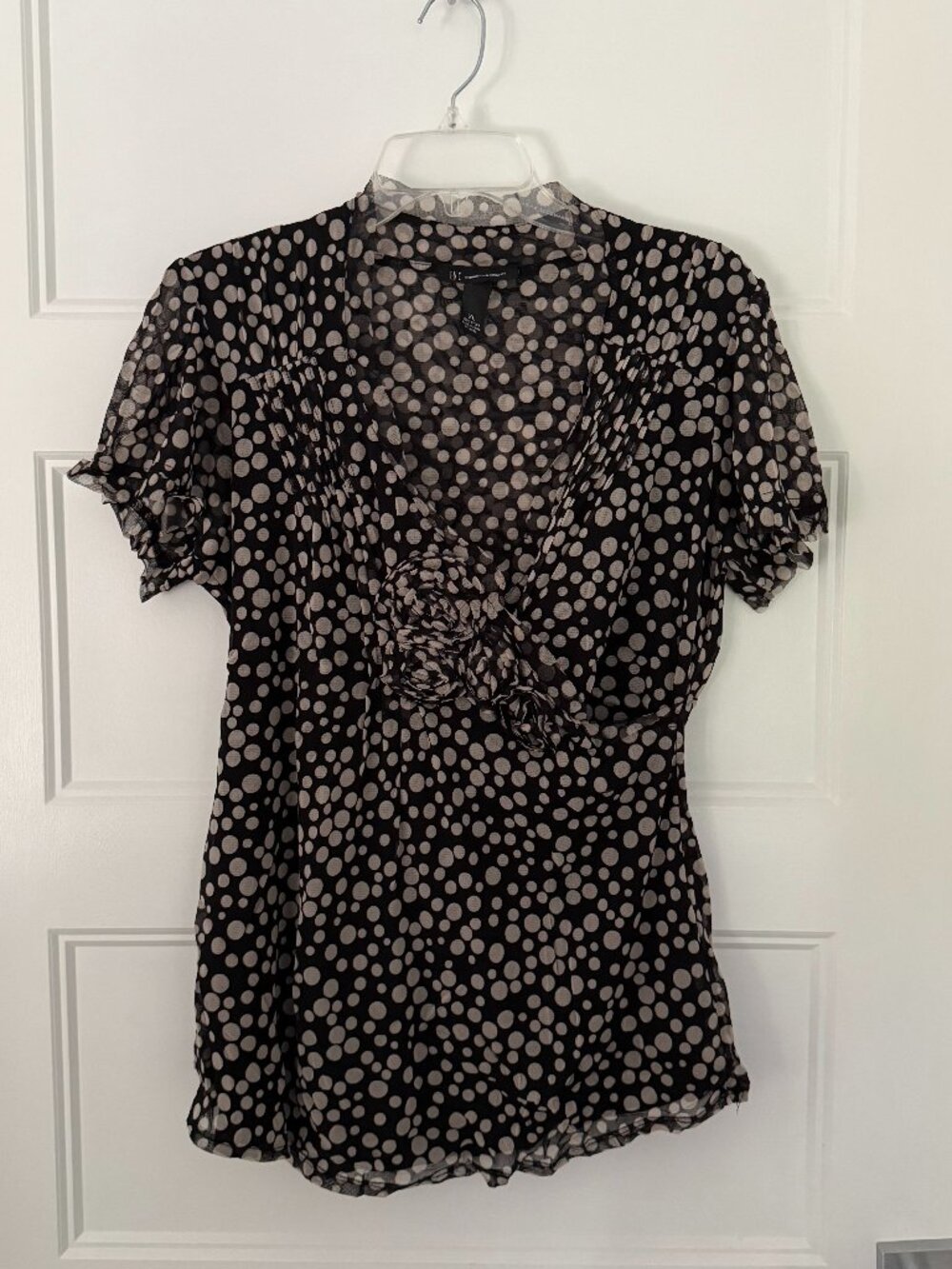 INC - Black and Cream Polka Dot Short Sleeve Top - XL